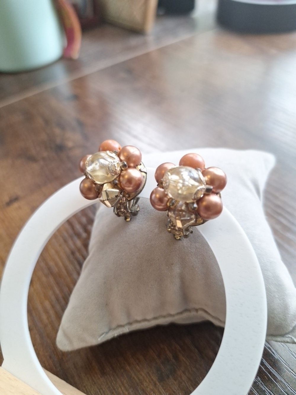 Classic Bronze Pearl Cluster Clip-On Earrings - Vintage Stamped JAPAN